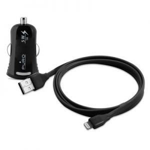 PURO Mini ładowarka samochodowa Apple 1A z płaskim, odpinanym kablem Lightning MFi (czarny)