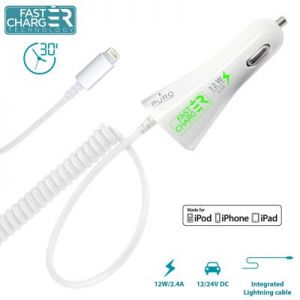 PURO Car Fast Charger - Ładowarka samochodowa Apple 2.4A złącze Lightning MFi (biały)