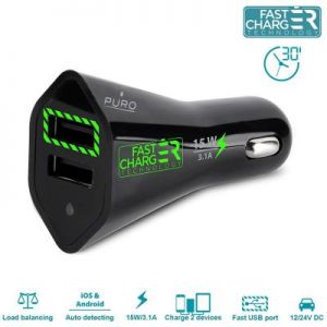 PURO Mini Car Fast Charger - Ładowarka samochodowa 2 x USB 3.1A (czarny)